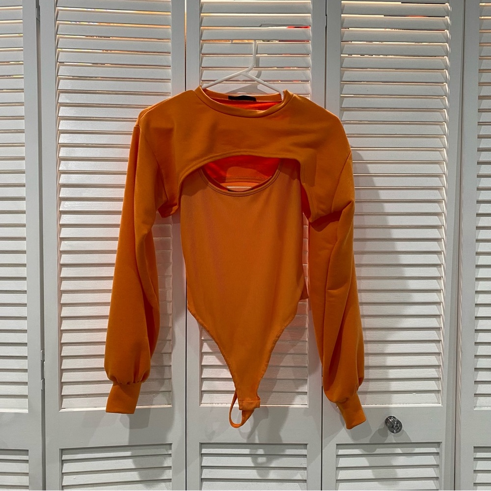 MISSGUIDED Orange Rib Overlay Bodysuit